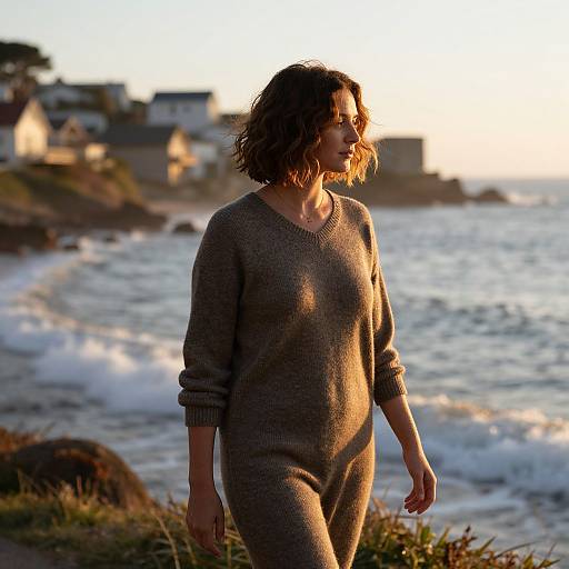 Photograph of a curly-haired woman in a gray knit sweater walking along a rocky coastal path at sunset, with waves and blurred houses in the background.