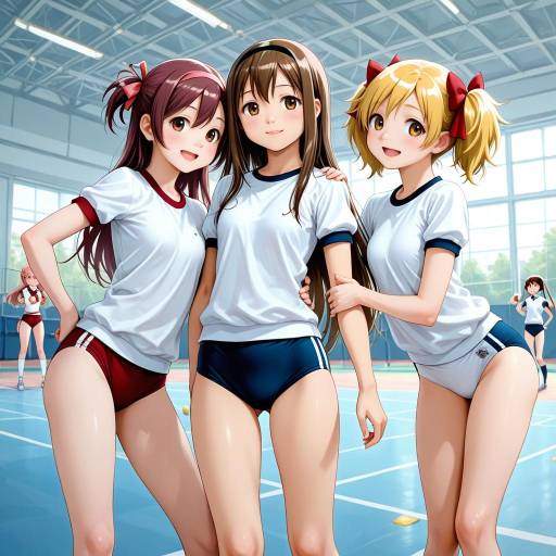 Anime-style drawing of five cute, young girls in white gym shirts and blue shorts, standing in a brightly lit gymnasium.