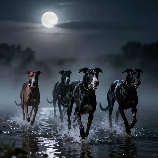 Greyhounds and Boys in Moonlit Mist