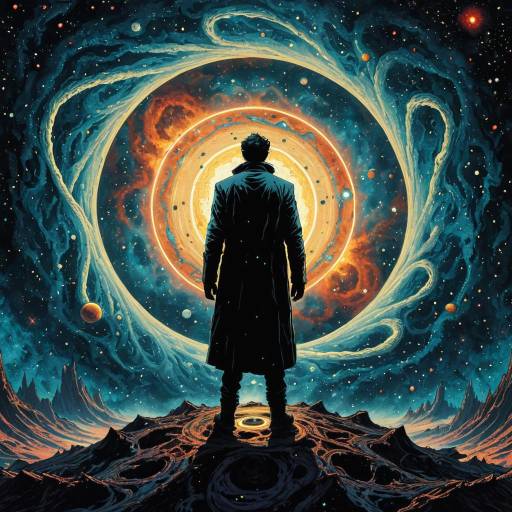 Mystical Figure Facing Cosmic Ophanim Nebula