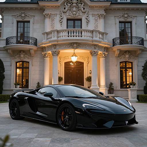 Photograph of a sleek, black, modern sports car parked in front of an elegant, ornate, beige mansion with illuminated, classical architecture.