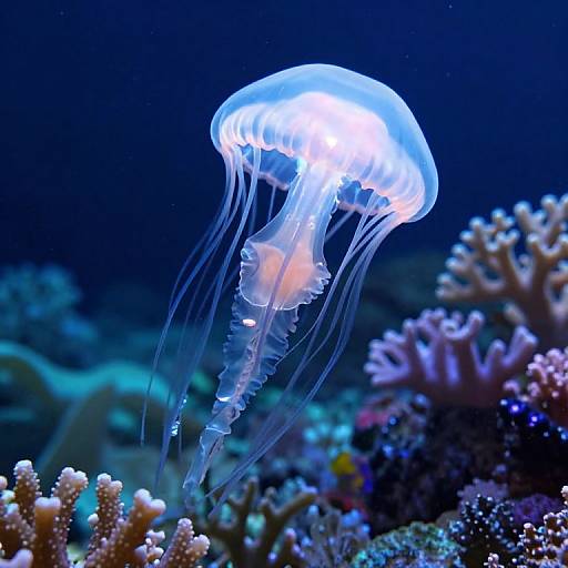Photograph of a glowing blue jellyfish with translucent, flowing tentacles above a vibrant, colorful coral reef in a deep blue ocean.