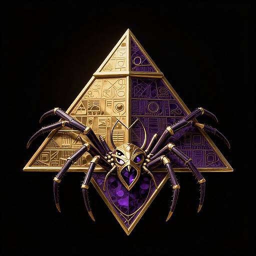 Digital art of a golden, jewel-encrusted spider centered on a black background, with a purple gem on its chest, in front of a