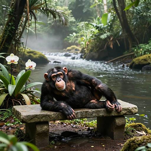 Photograph of a relaxed black-faced monkey lounging on a stone bench by a lush, misty jungle stream with white orchids nearby.