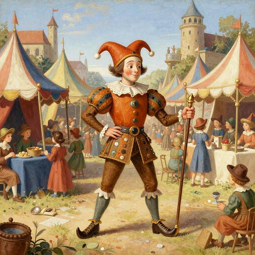 Whimsical Medieval Court Jester in Market Square