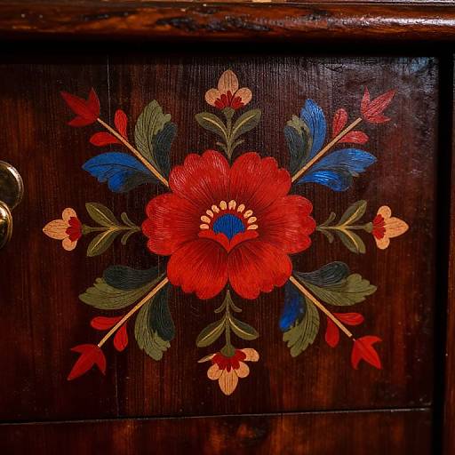 Photograph of a dark wooden surface with a vividly painted red flower at the center, surrounded by blue, red, and green leaves.
