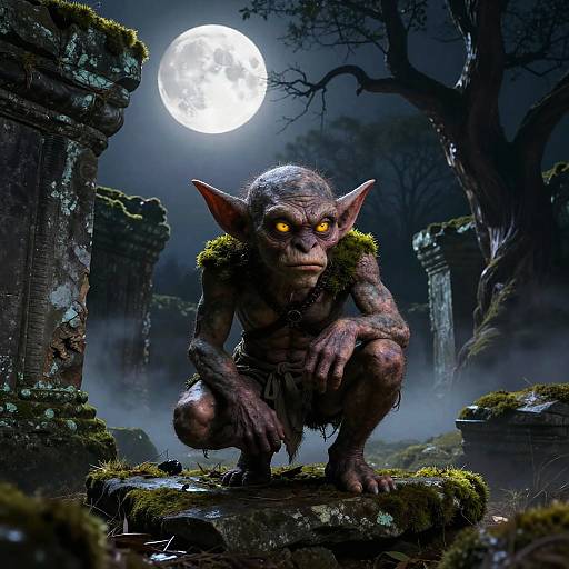 CGI image of a grimacing, muscular goblin with glowing yellow eyes, crouching in a misty, ruined, moonlit forest,