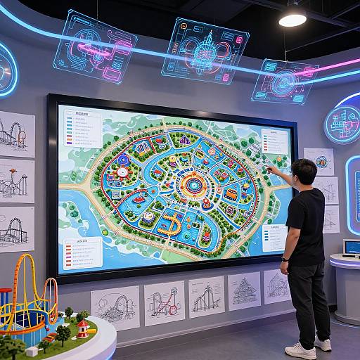 Photograph of a man in black shirt and pants standing before a large, colorful, interactive maze display in a neon-lit room.