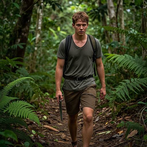 Photograph of a muscular, short-haired man in a gray t-shirt and brown shorts, walking through a dense, green jungle with ferns, holding