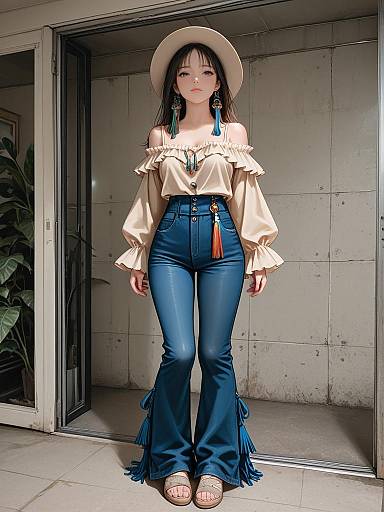 Photograph of an Asian woman with long black hair, wearing a beige off-shoulder blouse, blue flared jeans, white sandals, and a