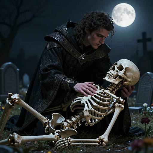 Realistic Necromancer in Moonlit Graveyard