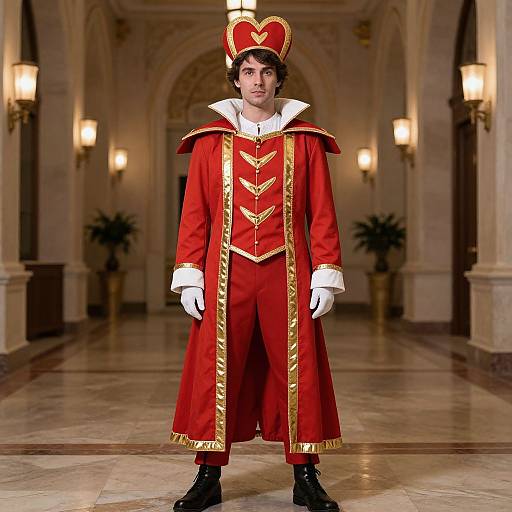 Photograph of a man in a red, gold-trimmed royal robe and hat, standing in a grand, lit hallway with marble floors and orn
