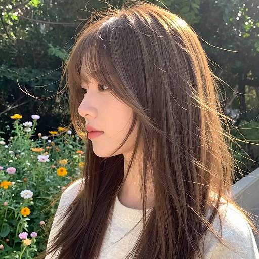 Photograph of a young Asian woman with long, brown, sunlit hair, wearing a white shirt, gazing to the left in a sunlit