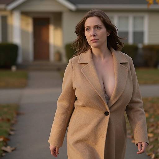 Photograph of a solemn, brunette woman with fair skin, wearing a tan, deep V-neck coat, walking on a suburban sidewalk in autumn. Background