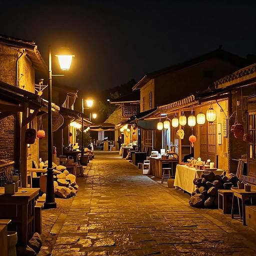 Nocturnal Marketplace Under Warm Streetlamps