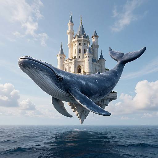 Photorealistic digital artwork: A massive blue whale with textured skin glides above the ocean, carrying a floating, white, castle-like structure with multiple
