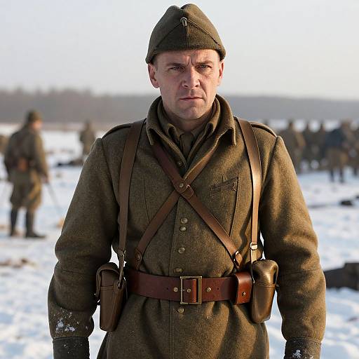 Photograph of a serious, middle-aged Caucasian man in a World War I-era brown military uniform and cap, standing in a snowy battlefield with blurred soldiers