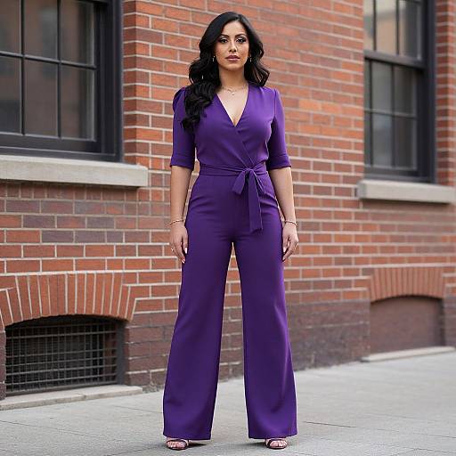 Photograph of a woman with long black hair in a deep purple, wrap-style jumpsuit with a tied waist, standing against a red brick building with