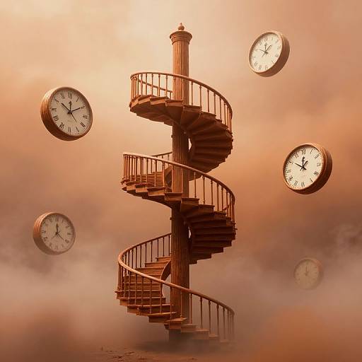 Photograph of a golden, spiral staircase clock tower with four floating clocks against a cloudy, orange sunset sky.