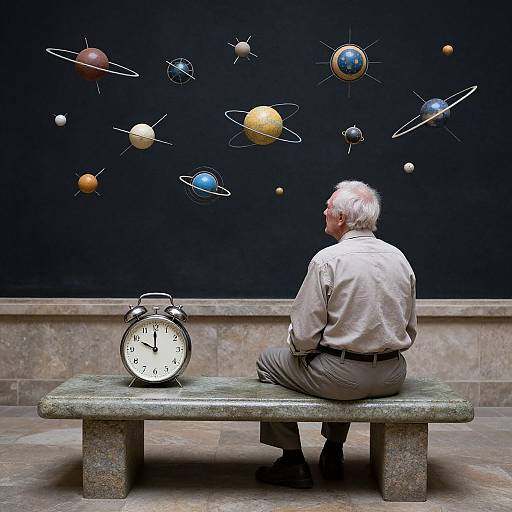 Photograph of an elderly man with white hair, seated on a stone bench, gazing at floating, colorful planets above an alarm clock. Dark background
