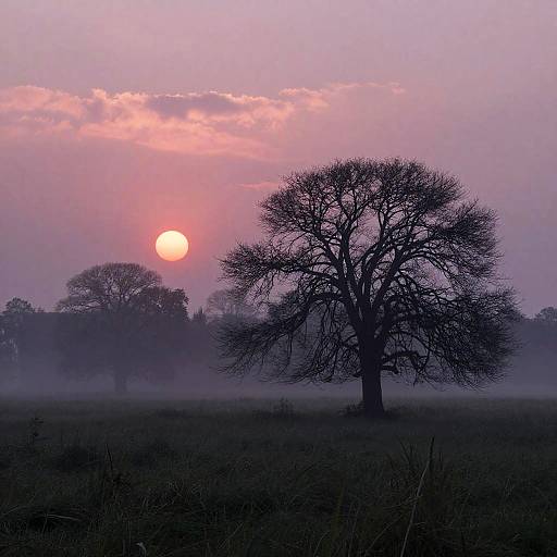 Misty Sunrise Over Grassy Field