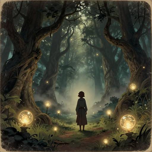 Digital fantasy artwork of a child in a forest, surrounded by glowing fireflies, standing between towering, twisted trees under a misty moonlit sky.