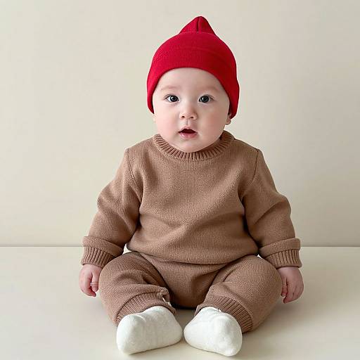 Photograph of a cute baby with fair skin, blue eyes, wearing a red beanie, brown knit sweater, and white socks, sitting against a