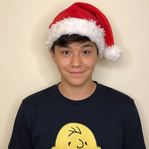 Photograph of a young boy with medium skin tone, wearing a red Santa hat with white trim, black shirt with yellow cartoon smile, smiling against a