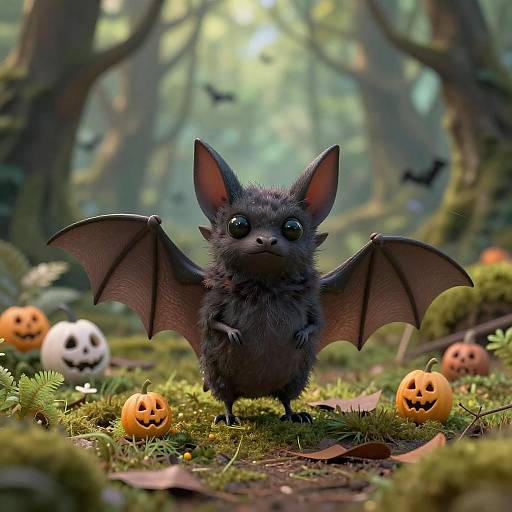 Cute Small Bat with Halloween Pumpkins in Forest