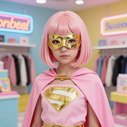 Photograph of a young woman with pink bob haircut, gold mask, pink cape, and pink Supergirl top, standing in a brightly lit clothing