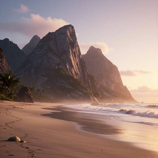Photograph of a serene beach at sunset, featuring towering, rugged mountains, gentle waves, and a golden, sunlit sky with soft clouds.