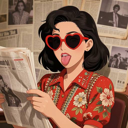 Digital art of a young woman with black hair, red heart-shaped sunglasses, and red floral shirt, tongue out, reading a newspaper. Background: newspaper
