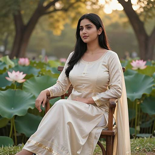 Photograph of a young South Asian woman with long black hair, wearing a white silk traditional dress, sitting on a wooden chair in a serene garden with