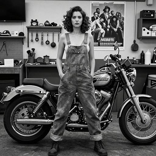 Confident Woman in Motorcycle Repair Shop