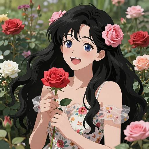 Anime-style digital illustration of a smiling girl with long black hair, blue eyes, wearing a floral dress, holding a red rose, surrounded by colorful roses