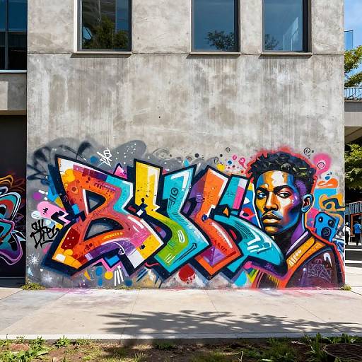 Vibrant graffiti on a concrete building featuring a colorful, pixelated 