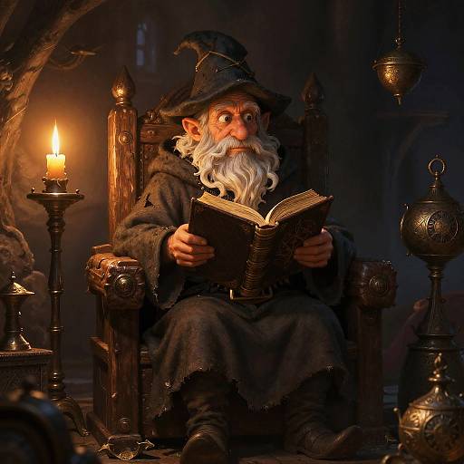 Photograph of an elderly, white-bearded wizard with pointed ears, wearing a dark hat and robe, reading a book in a dimly lit,
