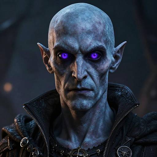 CGI image of a bald, blue-skinned, elf-like creature with pointed ears and glowing purple eyes, wearing a dark, textured jacket, against
