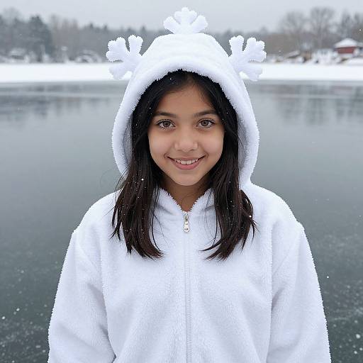 Photograph of a smiling young girl with dark hair, wearing a white, fuzzy, hooded winter coat with pom-pom ears, standing by a