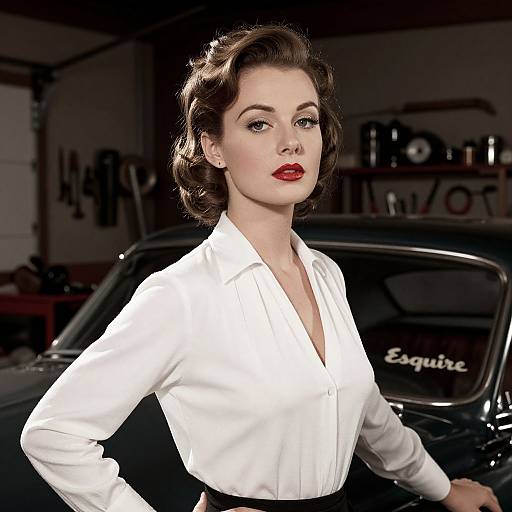 Vintage-style photograph of a fair-skinned woman with red lipstick and styled brown hair, wearing a white blouse, standing confidently in front of a black vintage