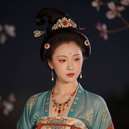 Photograph of an elegant Asian woman in traditional blue kimono with floral embroidery, adorned with ornate hairpiece and jewelry, set against a dark background