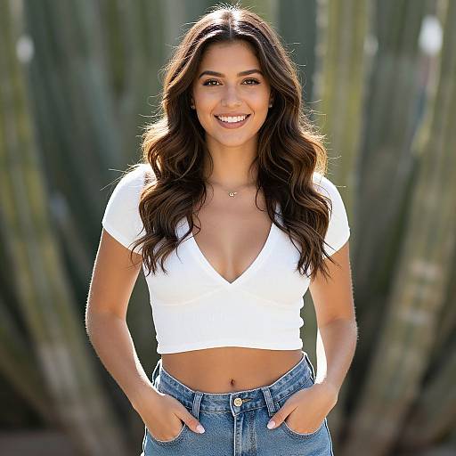Photograph of a smiling young woman with long, wavy brown hair, wearing a white V-neck crop top and blue jeans, standing against a blurred