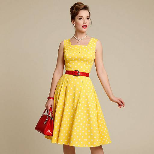 Photograph of a fair-skinned woman in a yellow polka dot dress, red belt, red handbag, red lipstick, pearl necklace, and