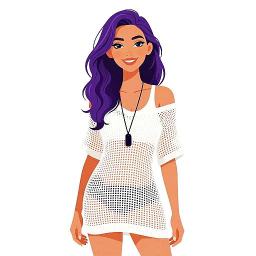 Digital illustration of a smiling woman with long purple hair, wearing an off-shoulder white dotted dress and black necklace, standing against a white background.