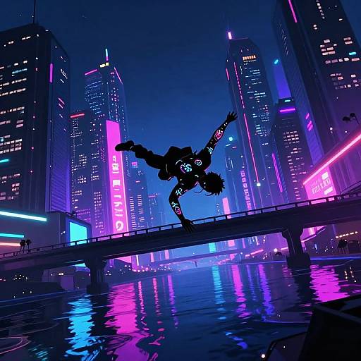 Silhouetted breakdancer mid-flip on bridge, neon-lit futuristic cityscape with vibrant blue, pink, and purple lights reflecting on