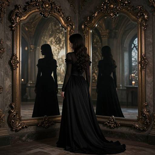 Silhouetted woman in black Victorian dress stands before ornate, gold-framed mirror, reflecting her back in dimly lit, Gothic-style room