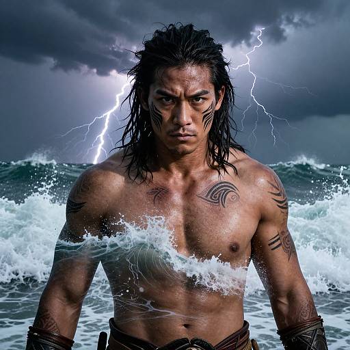 Photograph of a muscular, tattooed, Asian man with wet black hair standing in turbulent ocean waves, lightning striking behind him under a dark stormy