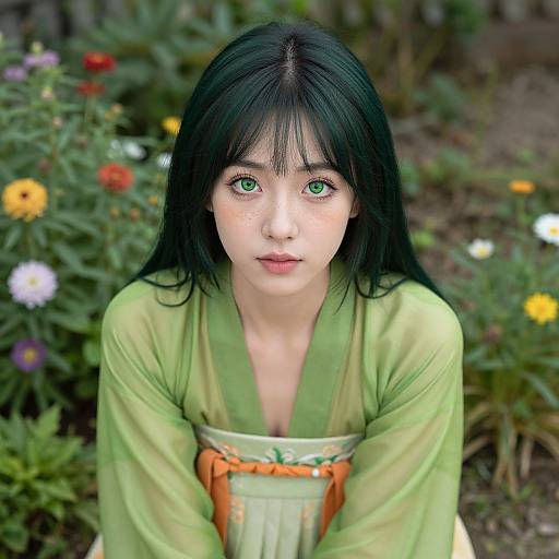 Photorealistic digital artwork of an Asian woman with green eyes, black hair, and green kimono, surrounded by colorful flowers in a garden.