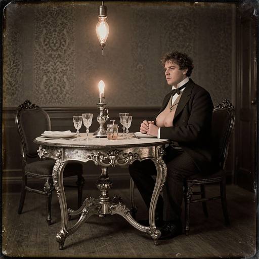 Photograph of a curly-haired man in a black suit, shirt unbuttoned to reveal chest, seated at an ornate silver table with lit candles