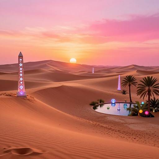 Photograph of a surreal desert sunset with glowing towers, palm trees, and a reflective pond in a sandy, undulating landscape.